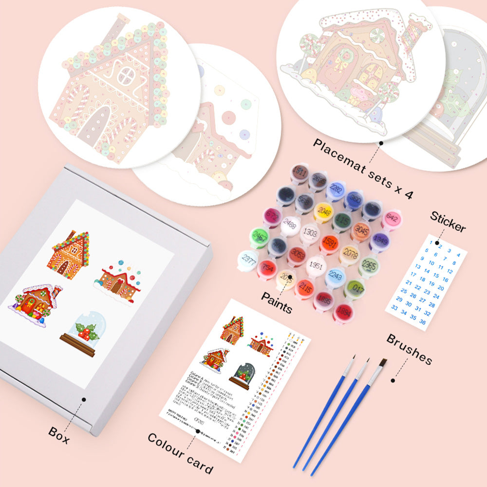 4Pcs Cartoon Christmas Castle Placemats Paint by Numbers