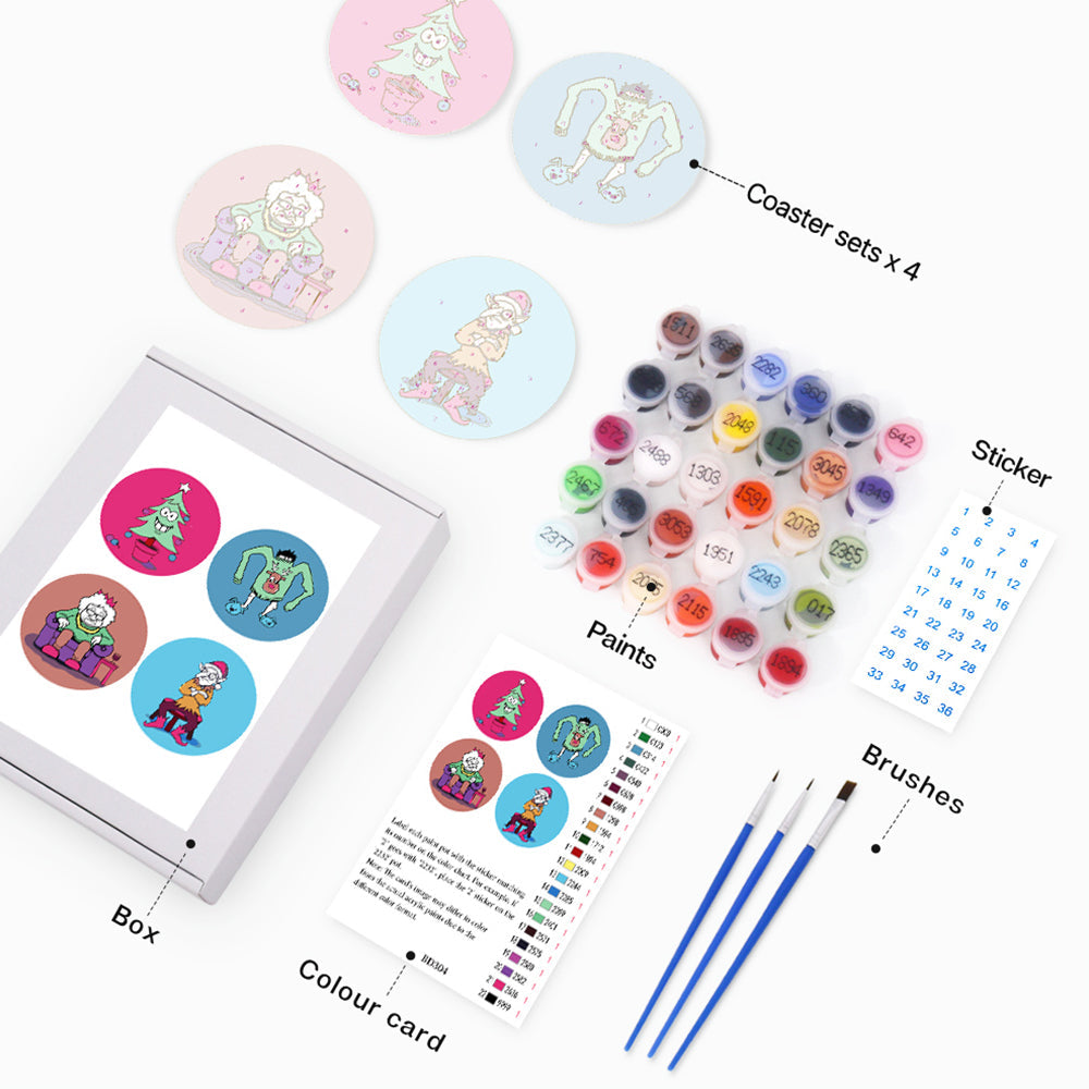 4Pcs Cartoon Christmas Character Coasters Paint by Numbers