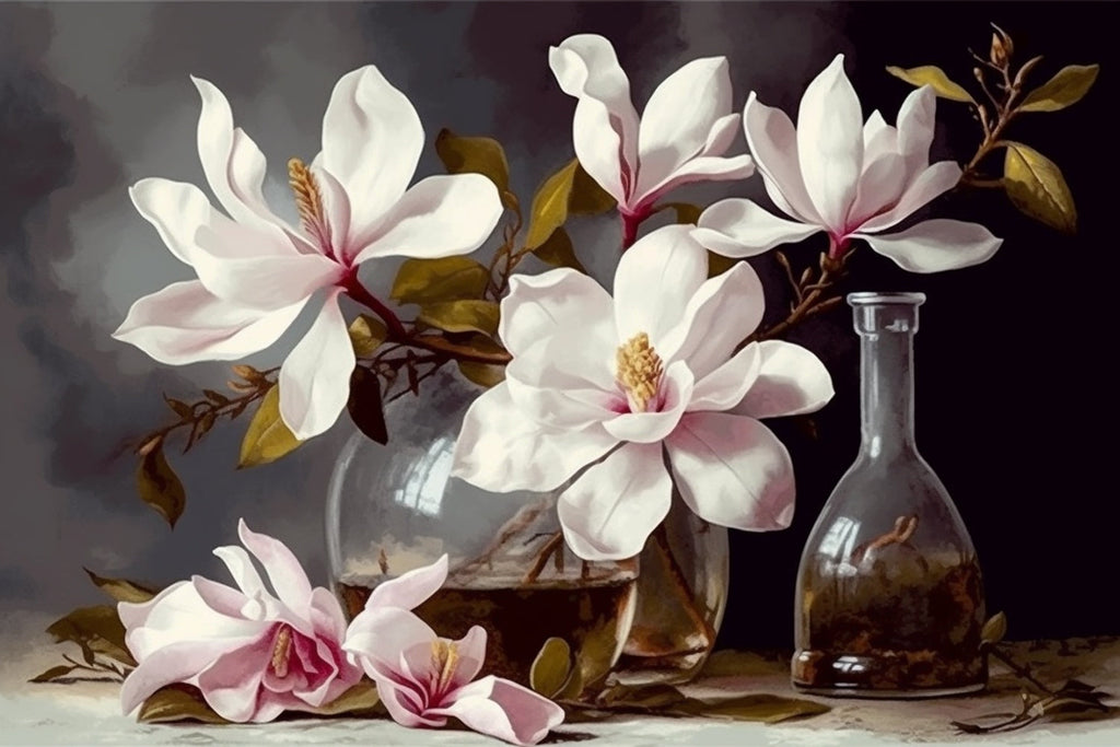 White Magnolias in Glass Vase Paint by Numbers