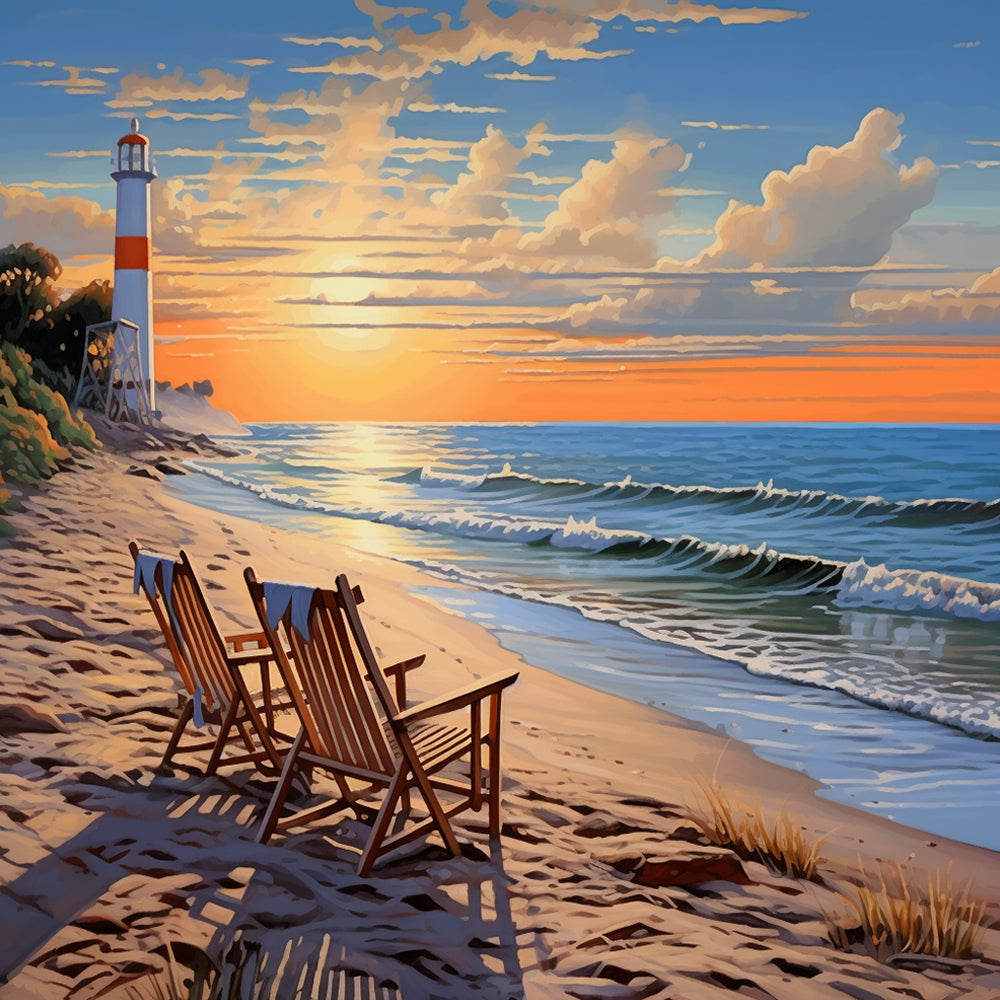 Two Chairs and Lighthouse on the Beach Paint by Numbers