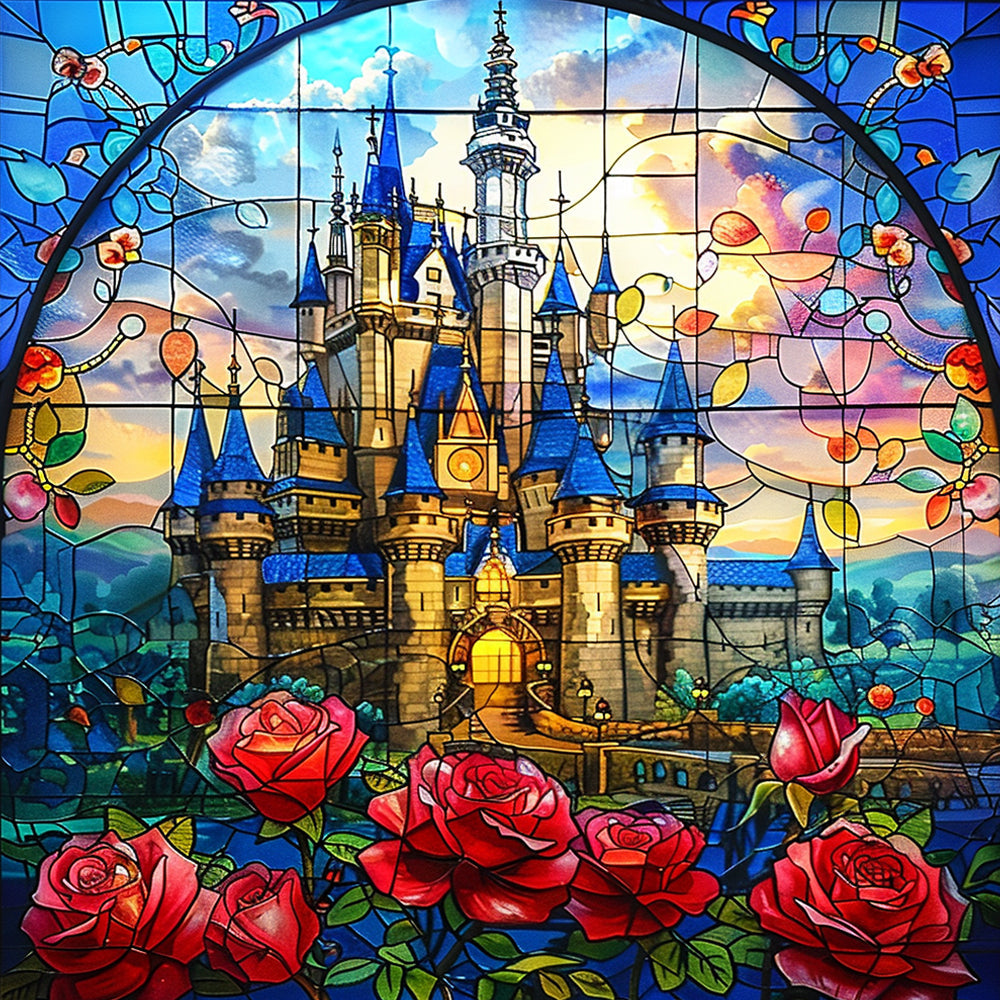 Blue Castle with Red Roses Paint by Numbers