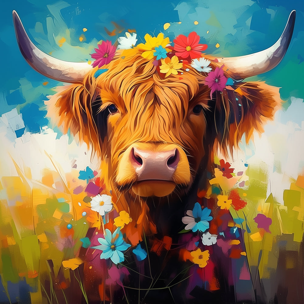 Highland Cow and Colorful Flowers Paint by Numbers