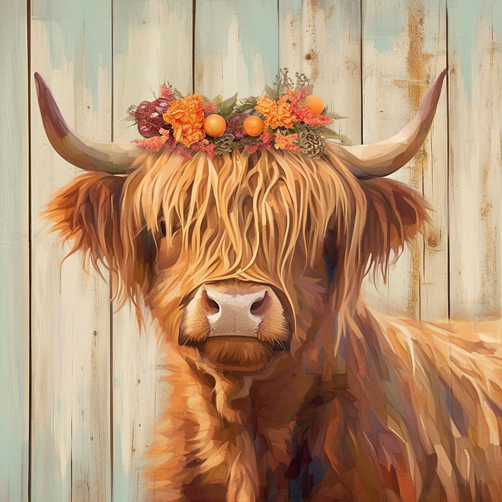 Highland Cow with Flowers on the Head Paint by Numbers