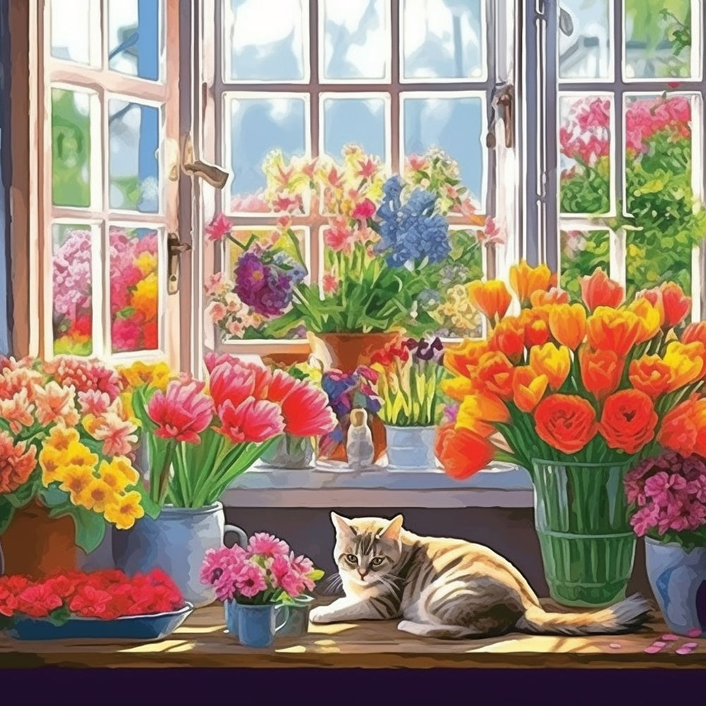 Cat and Flowers on Windowsill Paint by Numbers