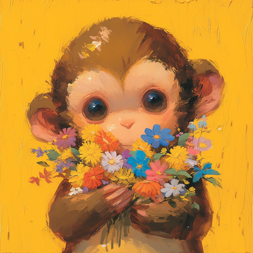 Cartoon Monkey Holding Flowers Paint by Numbers