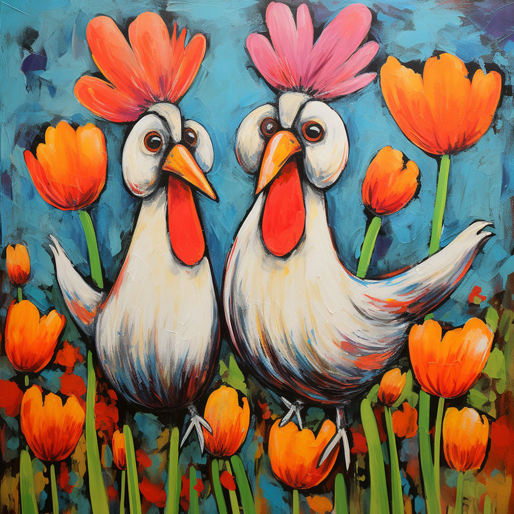 Cartoon Tulips and Roosters Paint by Numbers