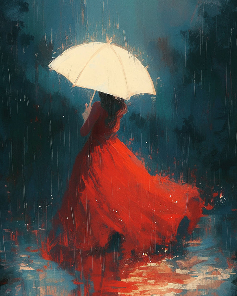 Woman in Red Holding Umbrella in the Rain Paint by Numbers