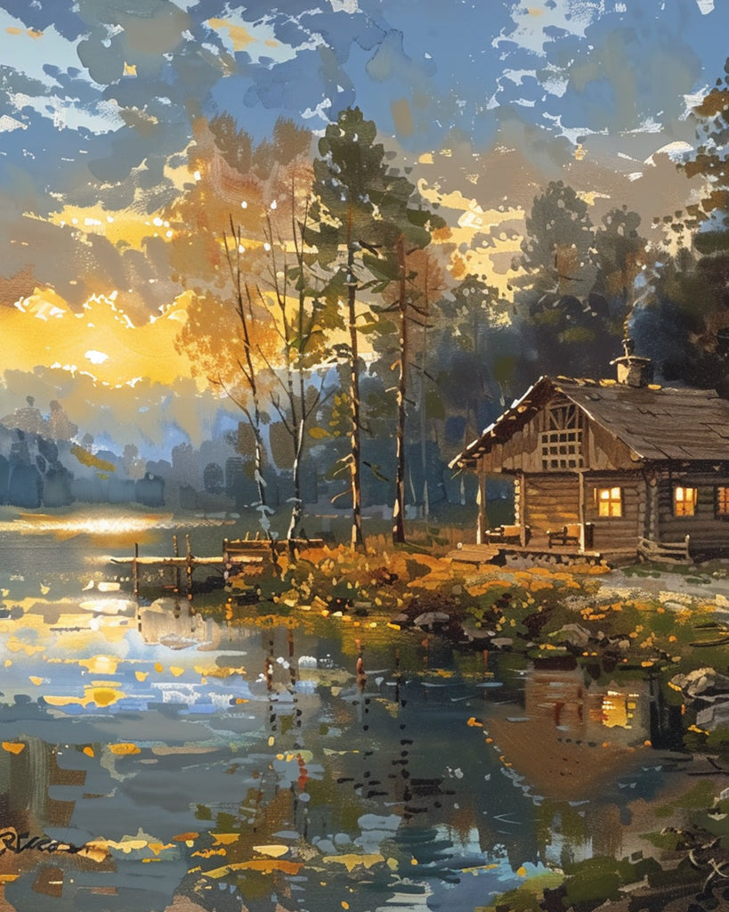 Lakeside Cottage at Sunset Paint by Numbers