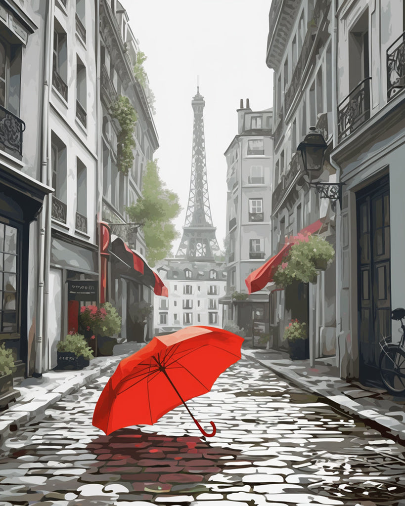 Eiffel Tower and Red Umbrella Paint by Numbers