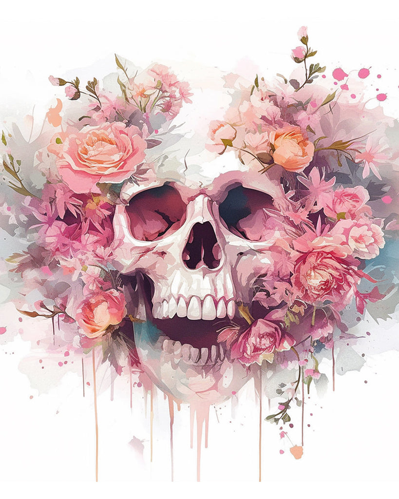 Skull among Pink Flowers Paint by Numbers