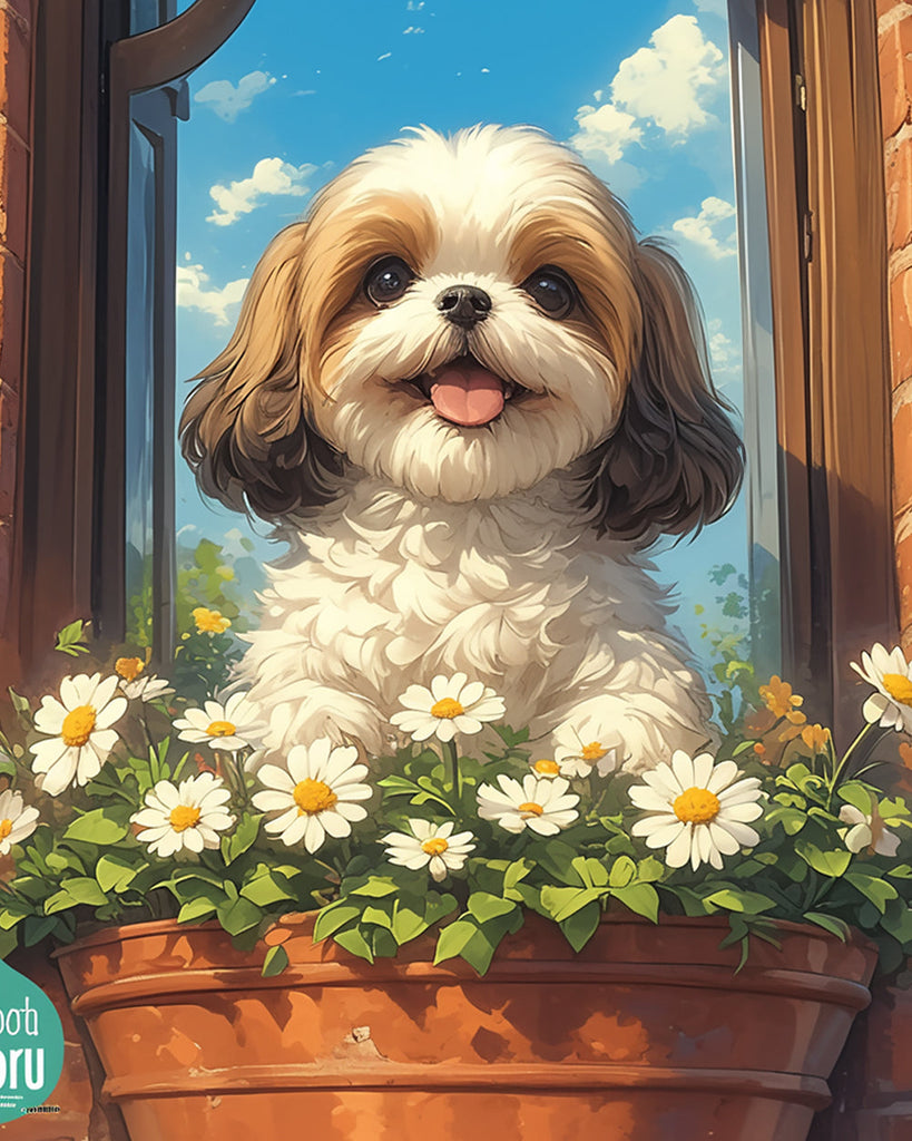 Cute Shih Tzu and Flowers Paint by Numbers