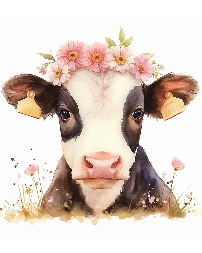 Cow with Pink Flowers Paint by Numbers