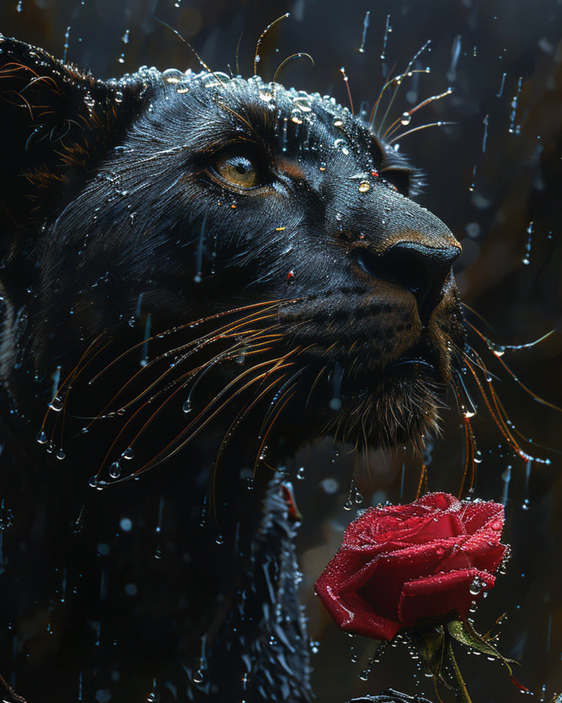 Black Panther and Red Rose in the Rain Paint by Numbers