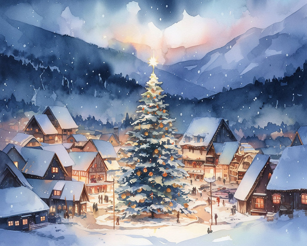 Small Town and Christmas Tree in the Snow Paint by Numbers