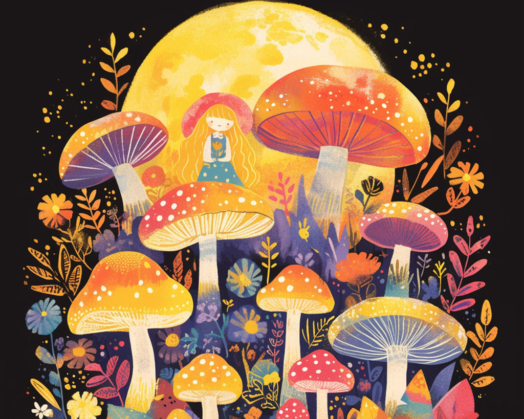 Girl, Mushroom and Moon Paint by Numbers