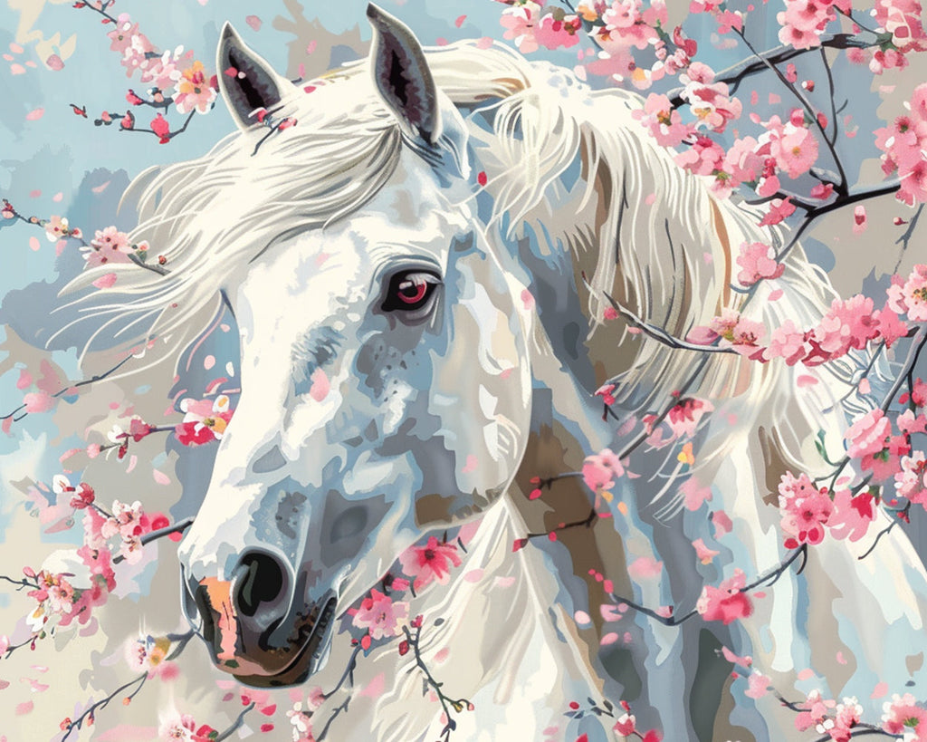 White Horse and Peach Blossom Paint by Numbers