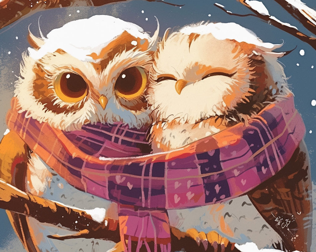 Owls with Scarfs in Snow Paint by Numbers