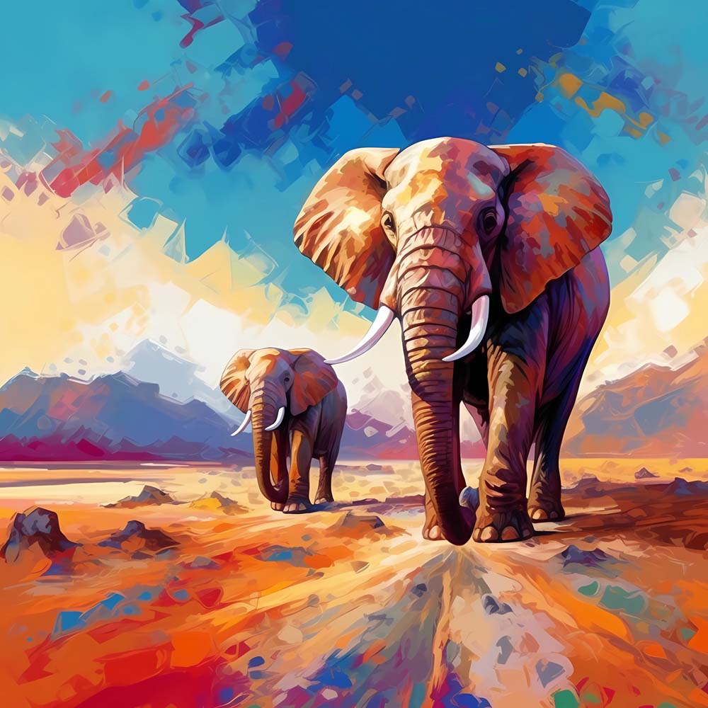 Elephants in Oil Painting Style Paint by Numbers