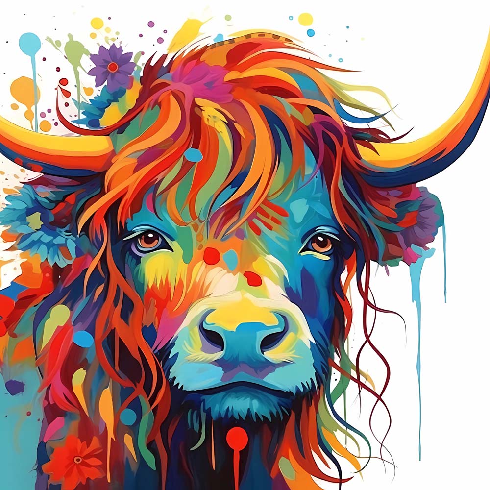 Colorful Highland Cow and Graffiti Paint by Numbers