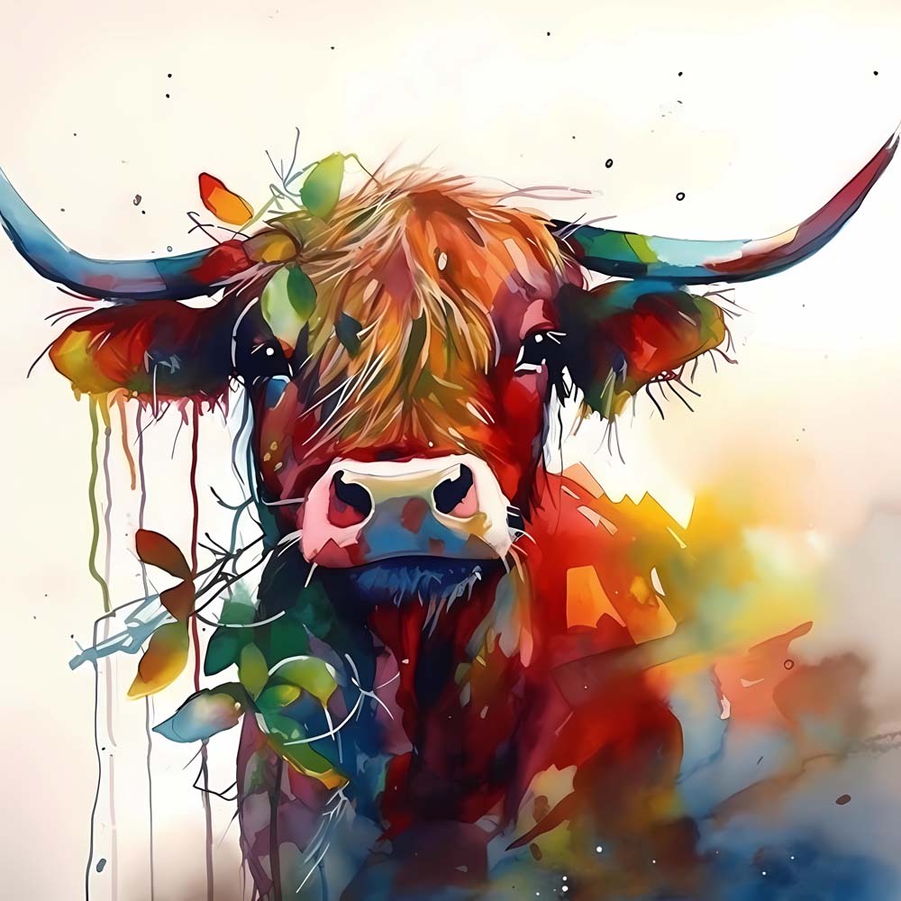 Watercolor Highland Cow and Leaves Paint by Numbers