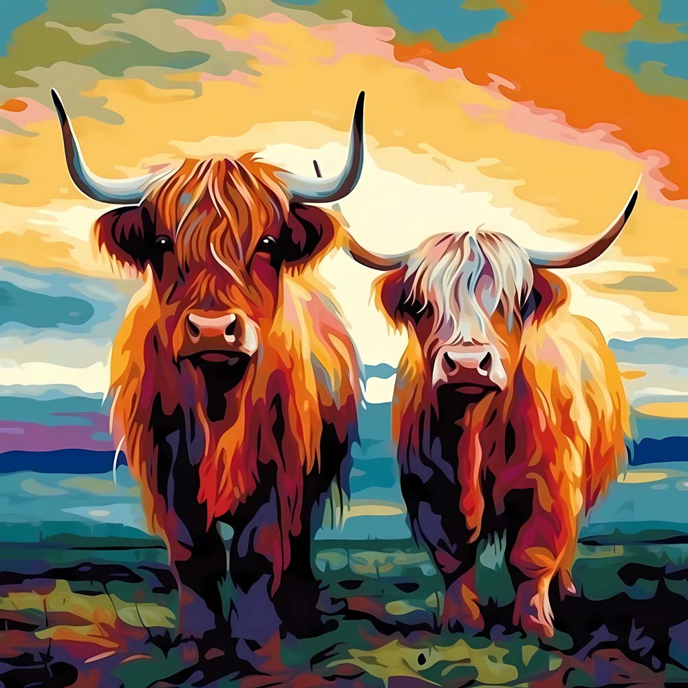 Watercolor Highland Cows Paint by Numbers