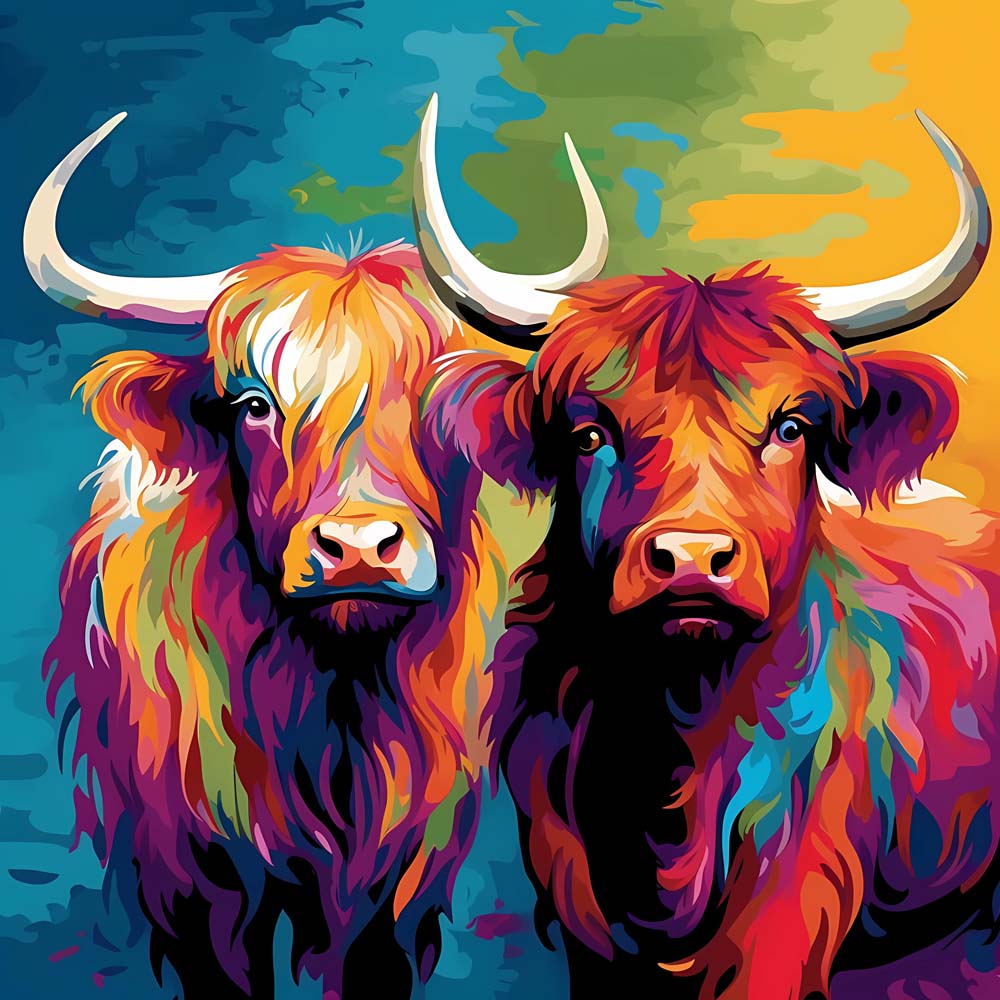 Colorful Highland Cow Pop Art Paint by Numbers