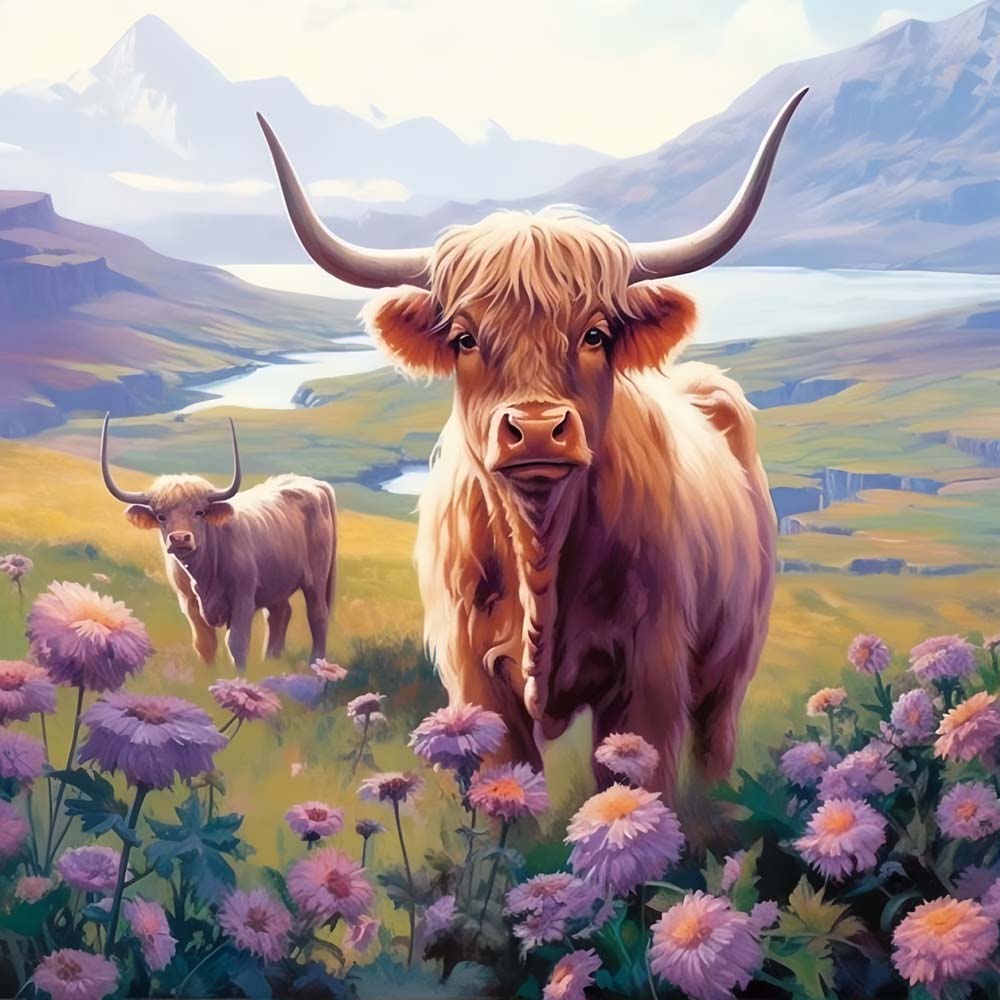 Highland Cows and Purple Flowers Paint by Numbers