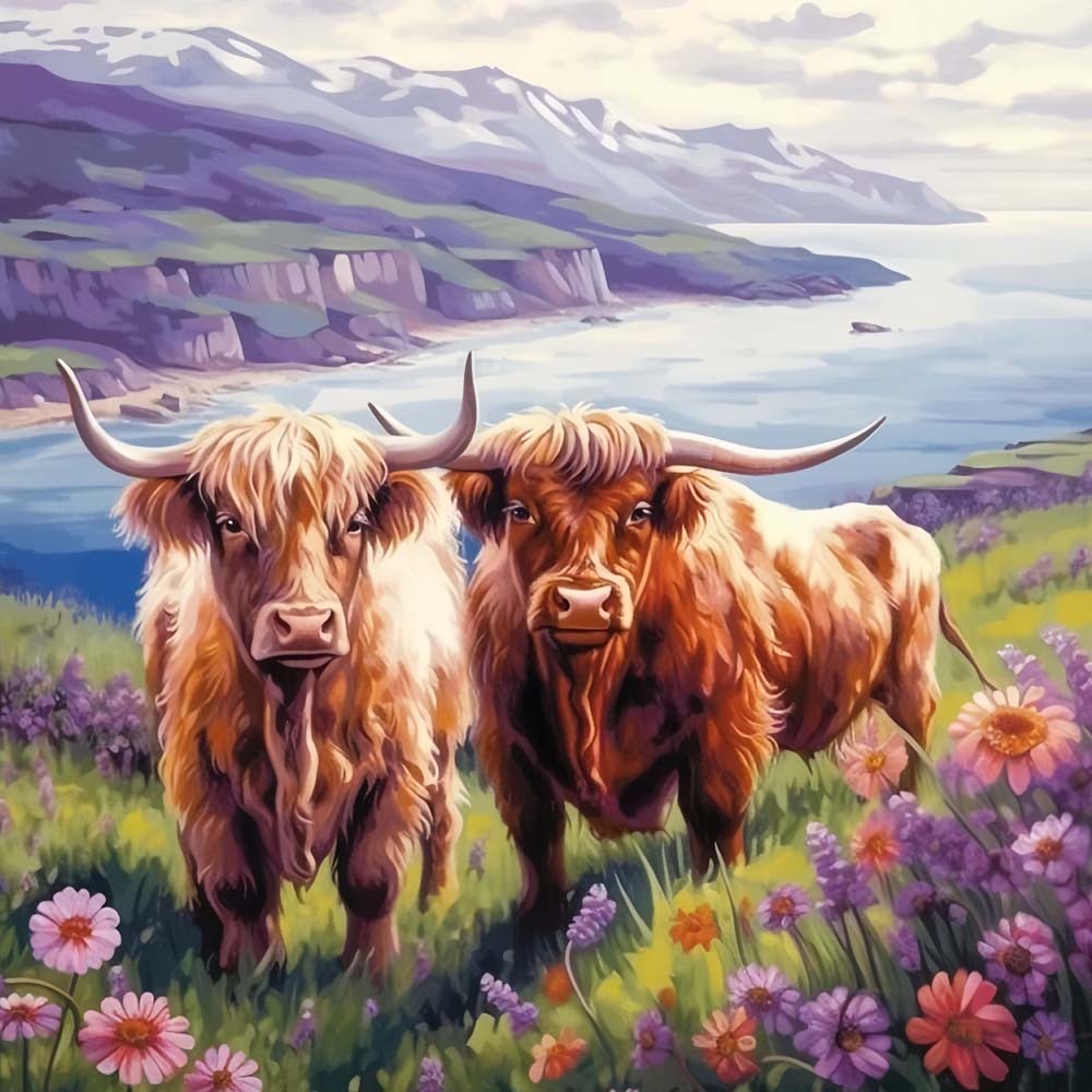 Highland Cow and Purple Flowers Paint by Numbers