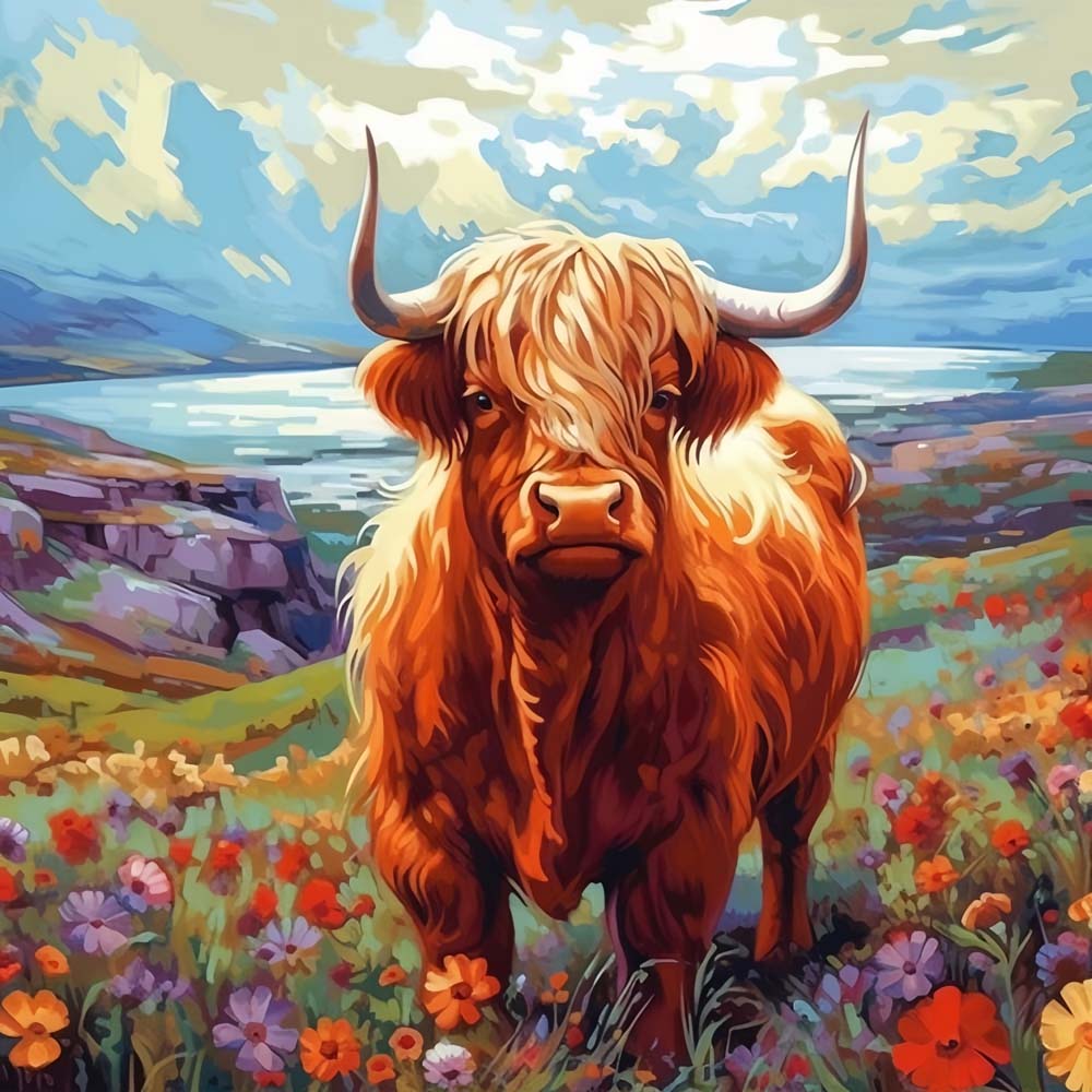 Highland Cow and Colorful Flowers Paint by Numbers