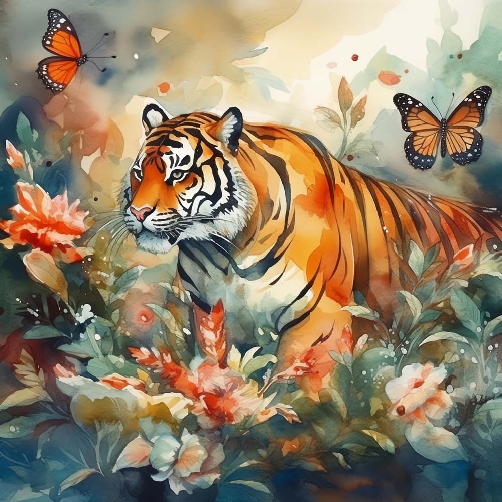 Tiger, Butterflies and Flowers Paint by Numbers