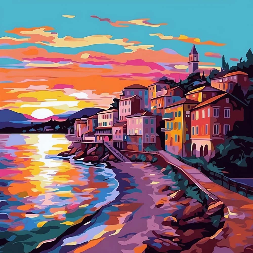 Seaside Town at Sunset Paint by Numbers