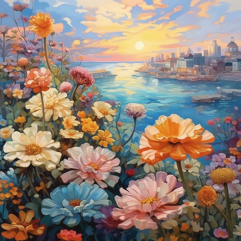 Colorful Flowers by the Sea Paint by Numbers