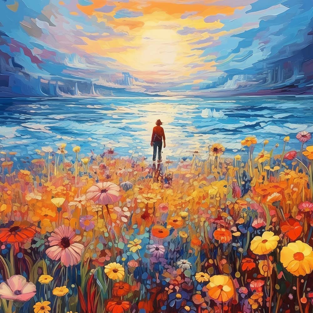 Woman and Flower Field by the Sea Paint by Numbers