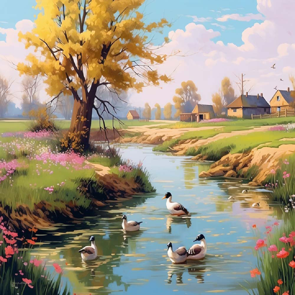 Ducks on the River in Spring Paint by Numbers