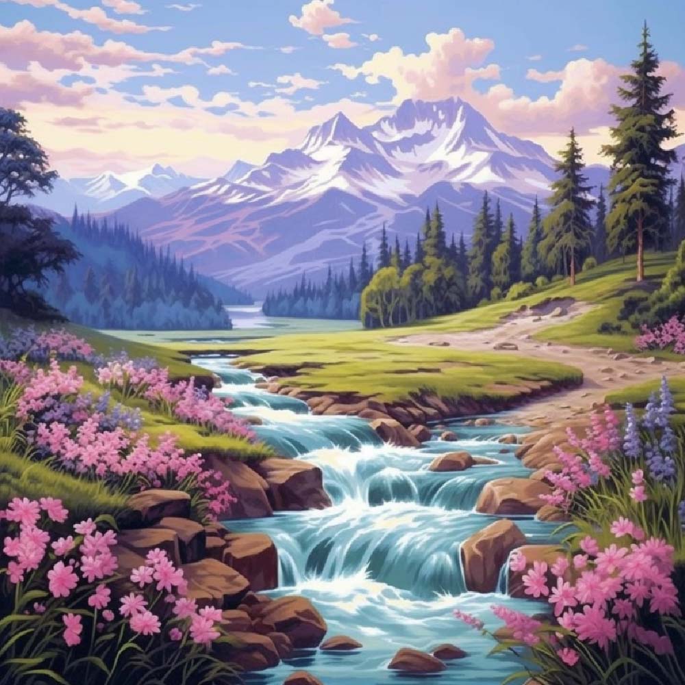 Stream, Flowers and Mountains Paint by Numbers