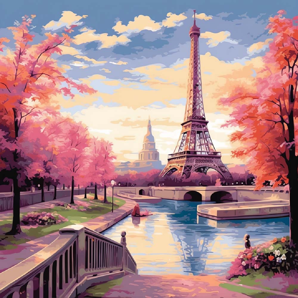 Eiffel Tower and Pink Flower Trees Paint by Numbers