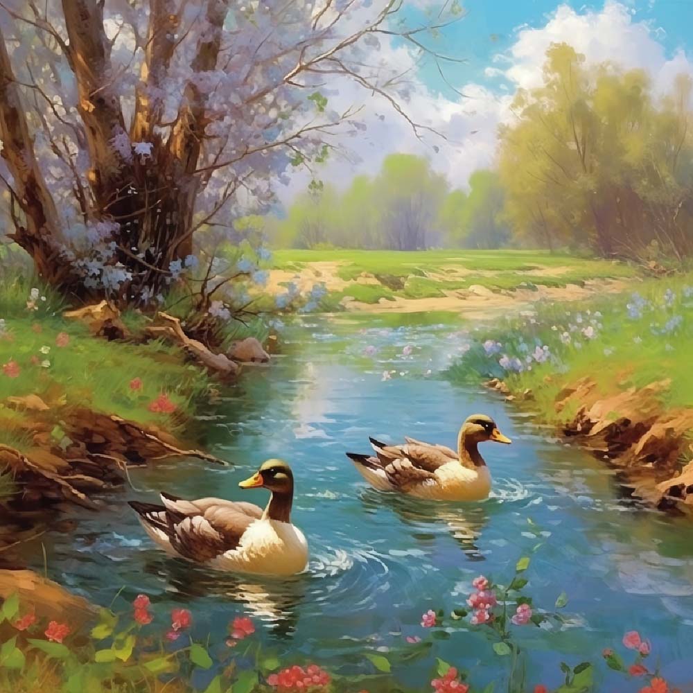 Ducks on the River in Spring Paint by Numbers