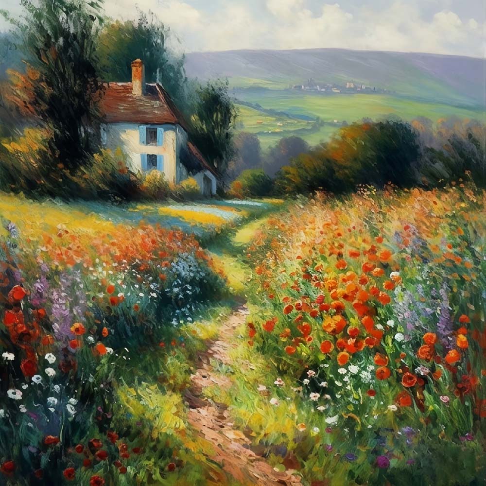 Cottage and Flower Field Paint by Numbers