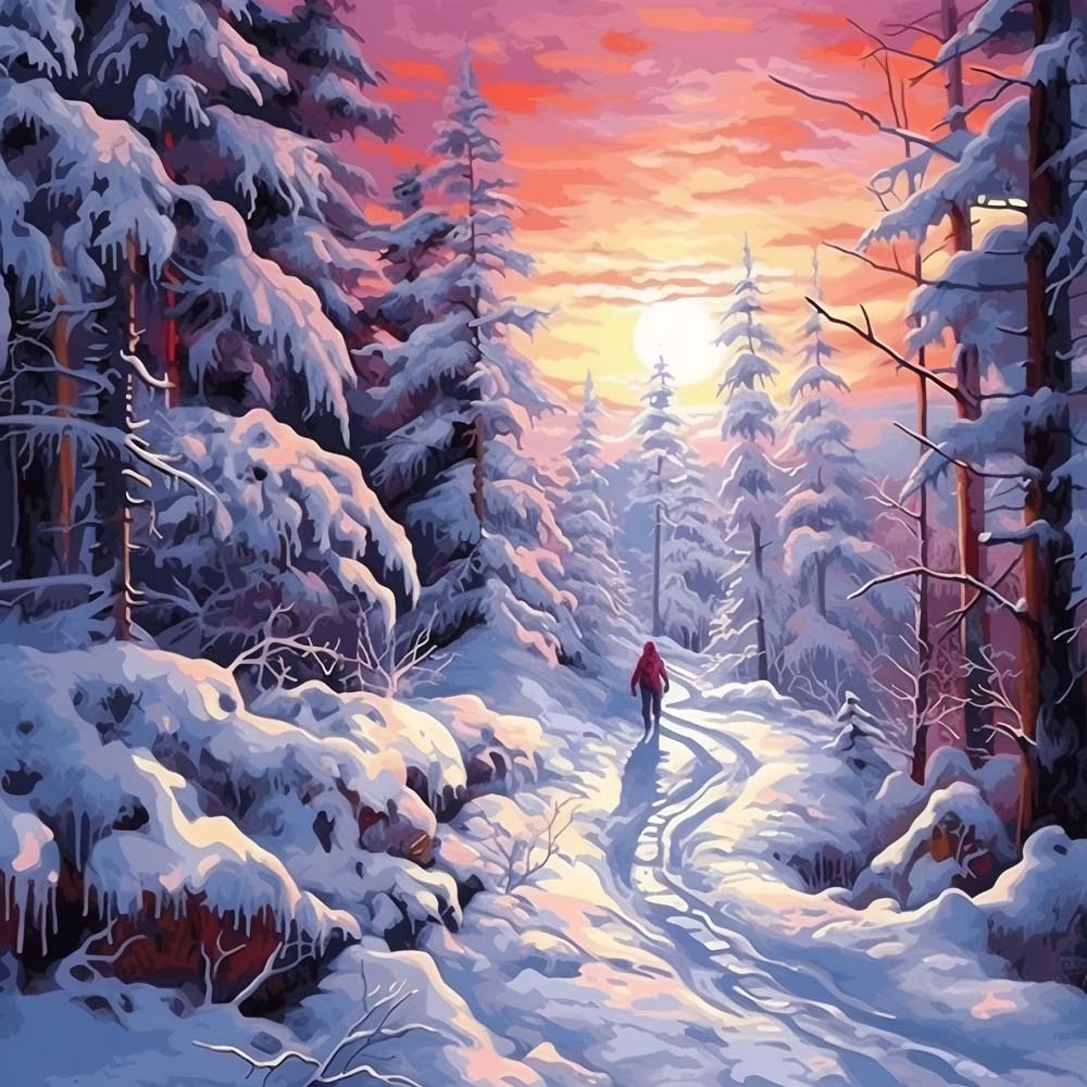 Snow-Covered Forest at Sunset Paint by Numbers