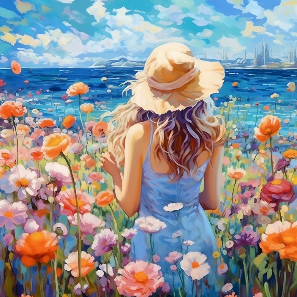 Woman and Flowers Field by the Sea Paint by Numbers