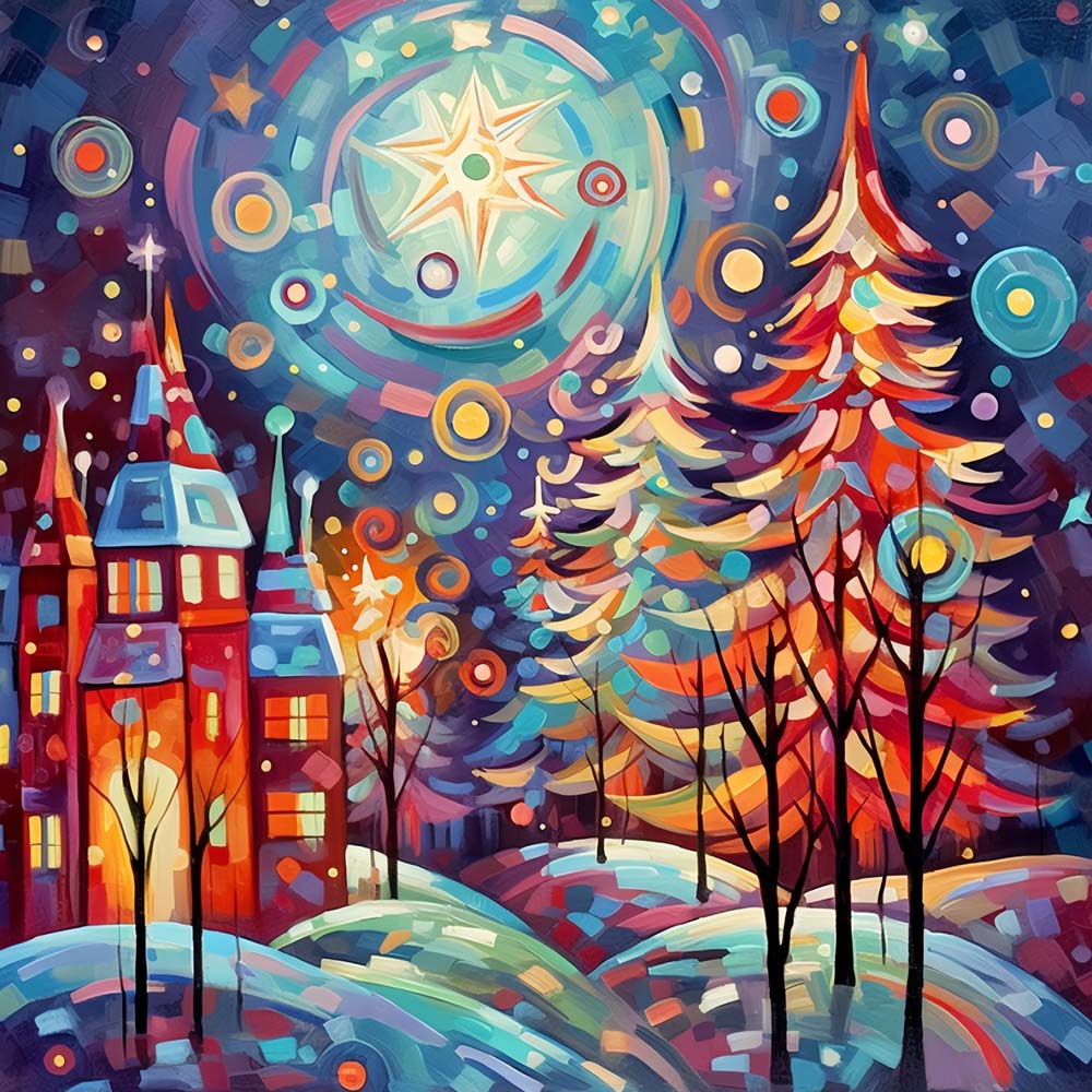 Trees and Castle under a Colorful Starry Sky Paint by Numbers