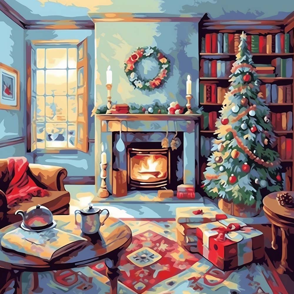 Christmas Tree, Presents and Fireplace Paint by Numbers