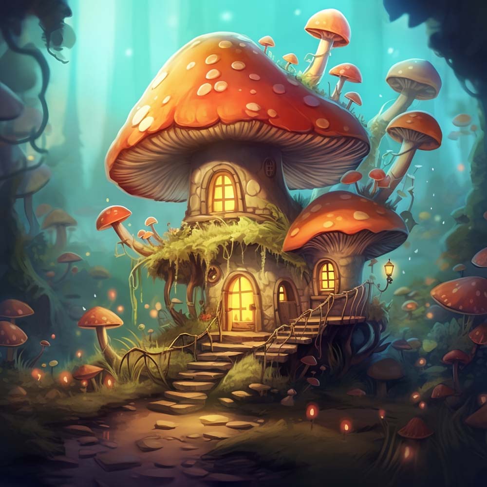 Mushroom House in Forest Paint by Numbers