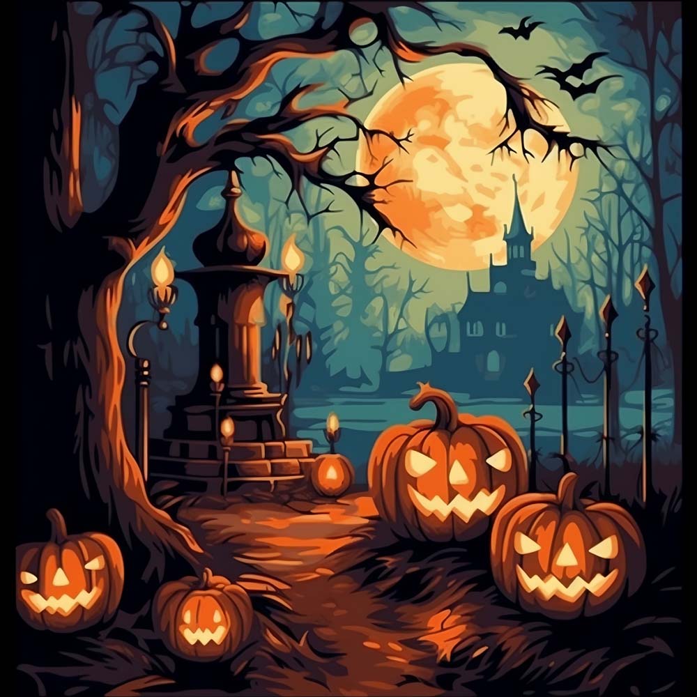 Halloween Pumpkin Lanterns and Moon Paint by Numbers