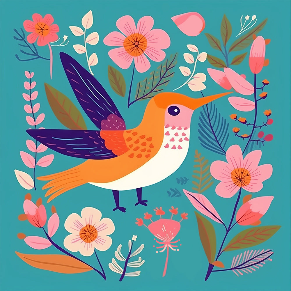 Bird and Flowers on Blue Background Paint by Numbers