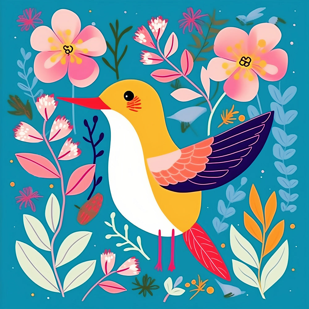 Cartoon Bird and Pink Flowers Paint by Numbers