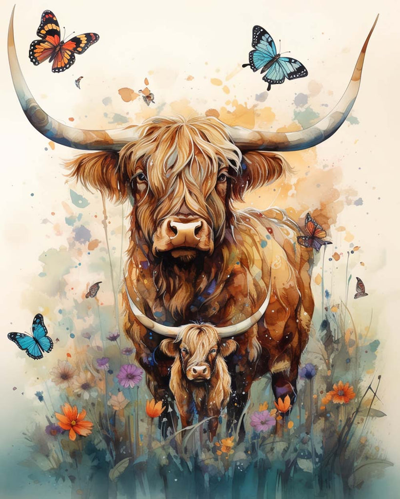 Highland Cows among Flowers Paint by Numbers