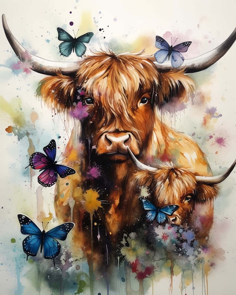 Highland Cows, Butterflies and Watercolor Paint by Numbers