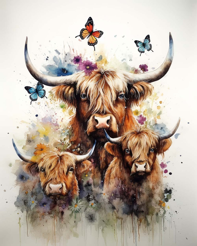 Highland Cows and Butterflies Paint by Numbers