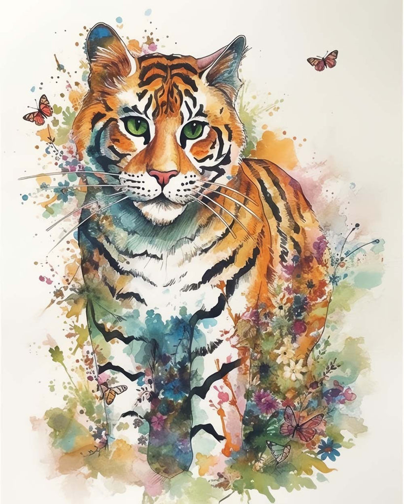 Watercolor Tiger and Butterflies Paint by Numbers